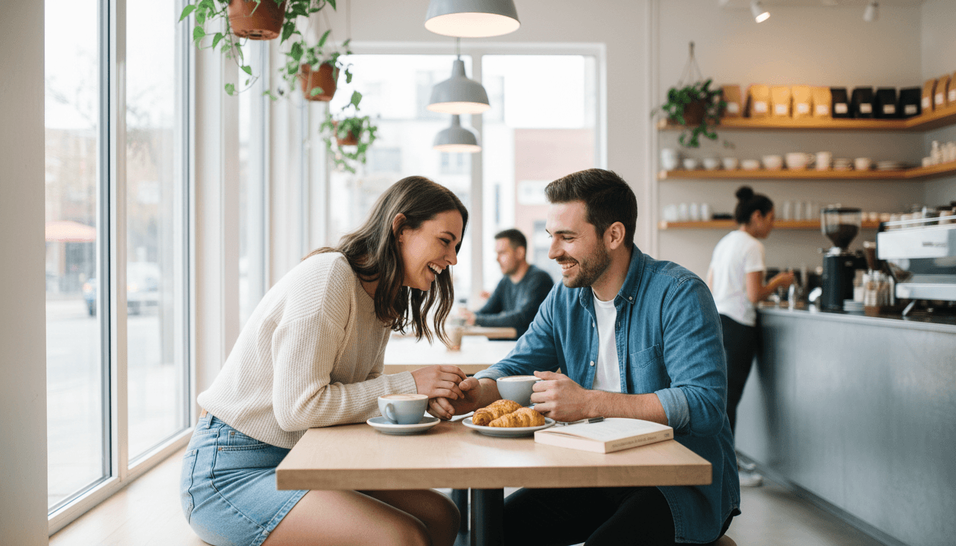 Couple laughing together over coffee at a bright cafe table
