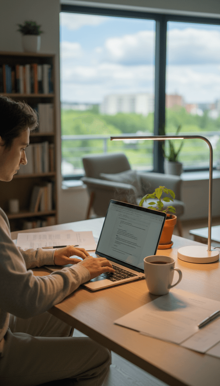 Person typing on a laptop at a bright home office desk