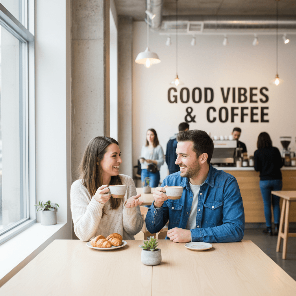 A happy couple smiling on a casual coffee date in a bright, modern cafe