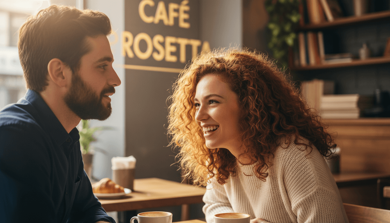 Couple laughing together over coffee on a date