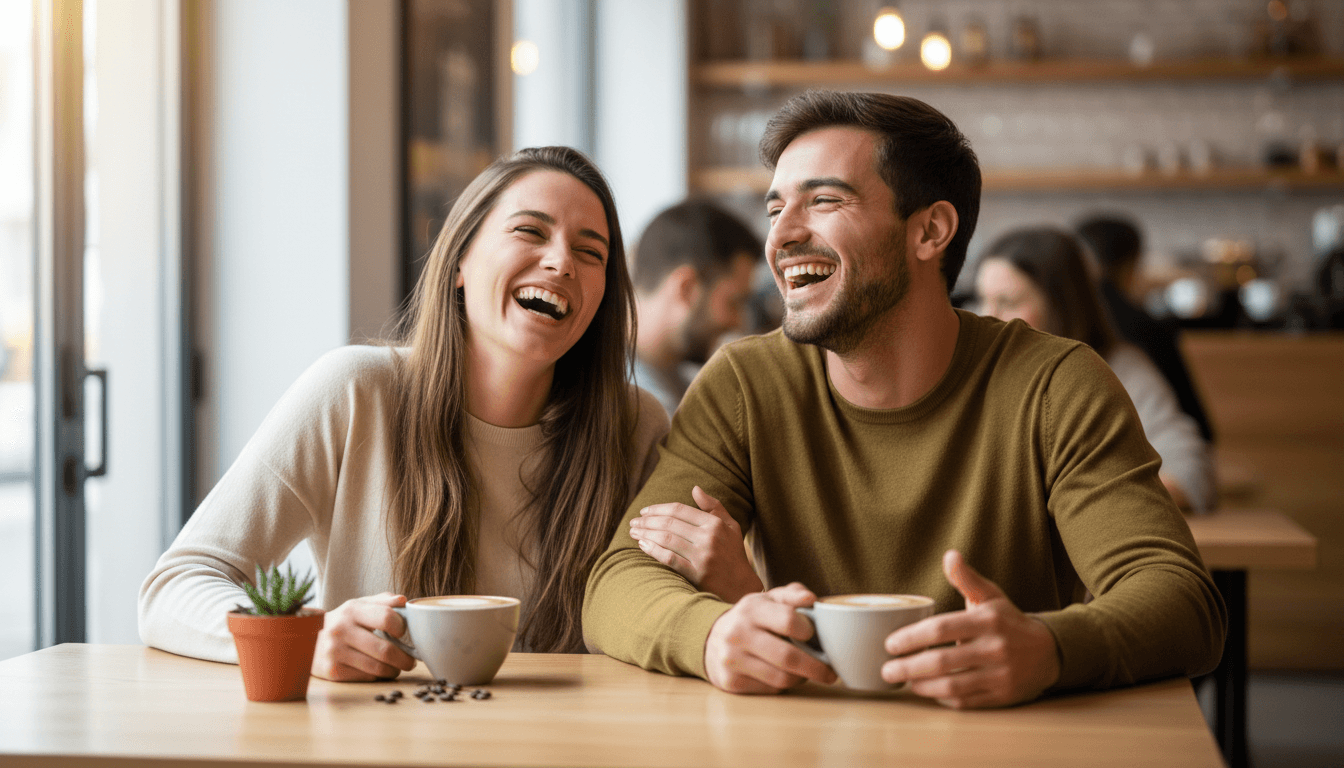 Couple smiling over coffee in a bright modern cafe