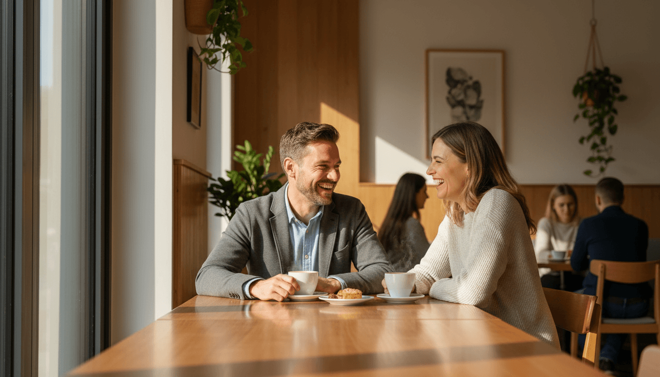 Couple laughing together on a coffee date
