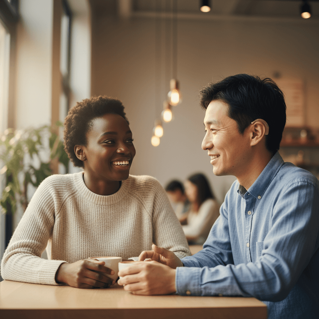 Couple laughing over coffee at a bright cafe table
