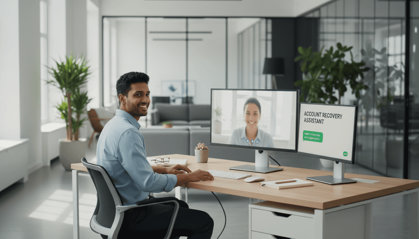 Support representative helping a client at a modern desk