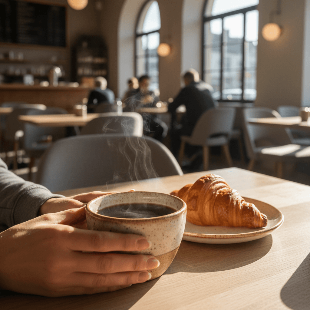 Two coffee cups sitting across from each other on a cafe table